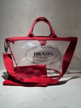Prada Clear Tote with Red Trim and Detachable Pouch